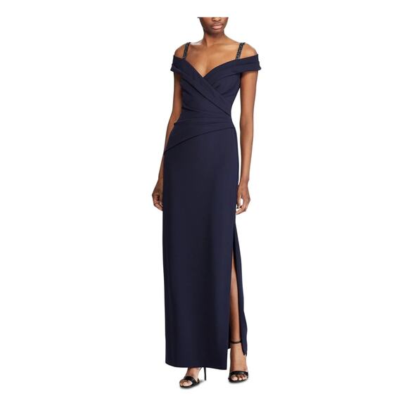 Ralph Lauren BLACK Off Shoulder Thigh Slit Maxi Gown Sz 6 Formal Beaded Strap - Picture 1 of 10
